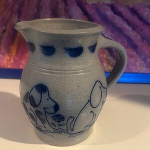 Vtg Rowe Pottery Handcrafted Ceramic Pitcher with Dog Design